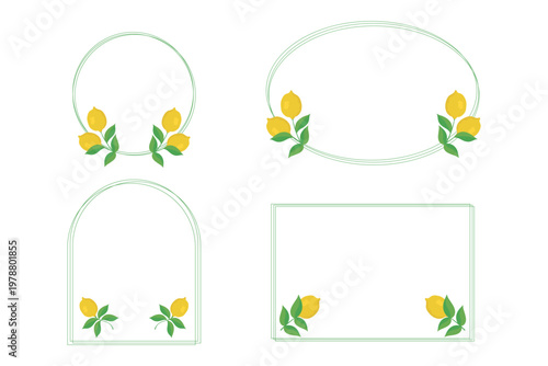 A set of green organic frames of various shapes with lemon branches and yellow fruits, isolated on a white background. Vector set for menus, cookbooks, labels, and text blocks.