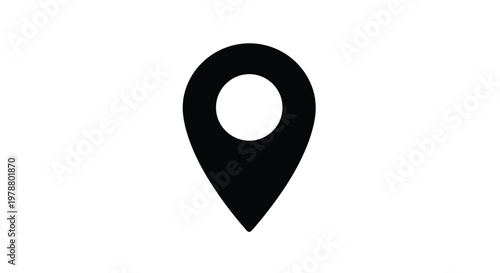 A minimalist representation of a location pin featuring a black silhouette on a white background