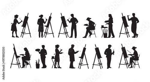 Artists painting in studios, silhouettes of painters with easels, palettes, and brushes