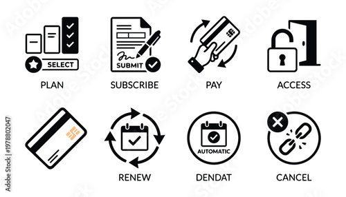 Set of vector icons for business subscription and payment process.
