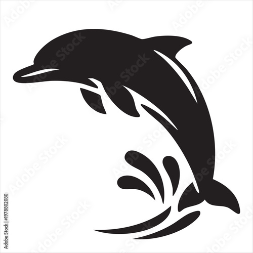 Jumping Dolphin silhouette vector, playful sea mammal splashing in water.