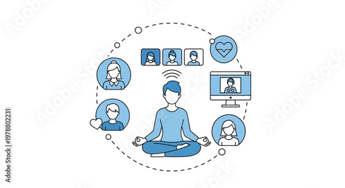A person practices mindful meditation while connected to a virtual group therapy session on a laptop