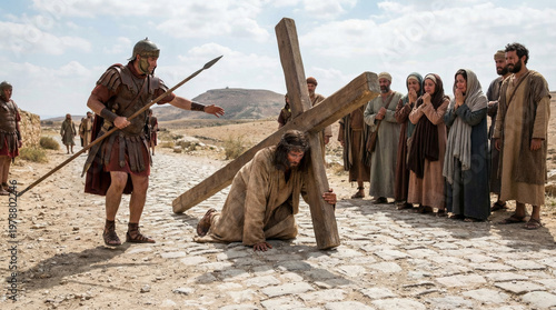 Jesus struggles with the cross on a dusty road.. Jesus Christ with the cross on his shoulder, biblical scene