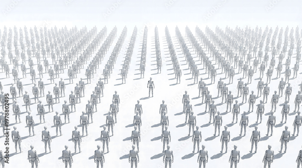 Obraz premium Robot standing out from crowd of identical mannequins