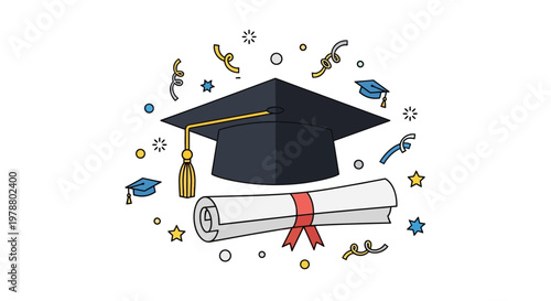 Graduation celebration with cap, scroll, and confetti in the air indoors