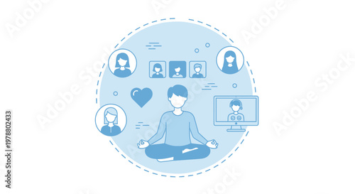 A person meditating surrounded by digital interfaces displaying other people in video calls