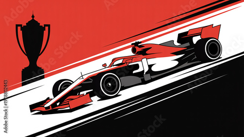 Red and black racing car speeding on track with trophy in background
