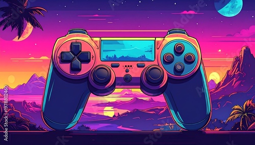 Retro Gaming Controller in a Vibrant Neon Landscape.
