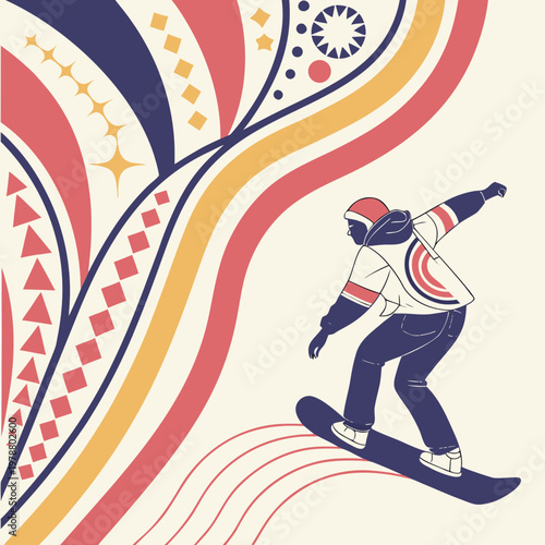 Snowboarder in action against abstract colorful waves and geometric shapes with winter sports snowboarder abstract