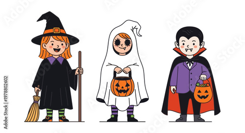 Three children dressed up as a witch, ghost, and vampire for Halloween
