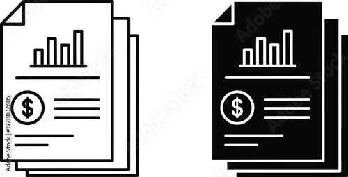 Financial report icon set black and white line art illustration