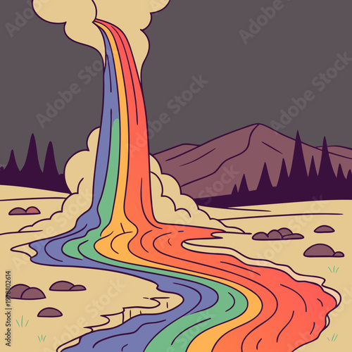Rainbow waterfall flowing through a stylized desert landscape with waterfall stylized landscape colorful minimalist