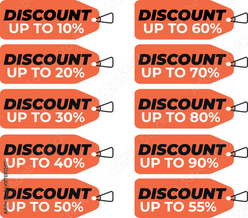 Collection of vector discount stickers for printing and online shops, flat style with percentage labels, sale tags, price badges and special offer signs for marketing and ecommerce design
