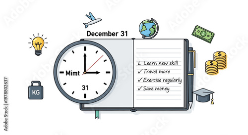 A handyman uses various tools on a workbench next to a clock on New Year's Eve.