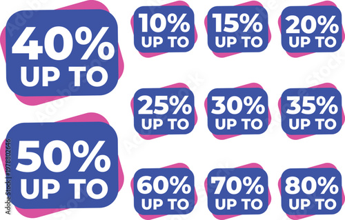 Set of vector discount stickers for print and online stores, flat design with percentage labels, sale tags, price badges and special offer signs, modern promo elements for marketing and ecommerce use