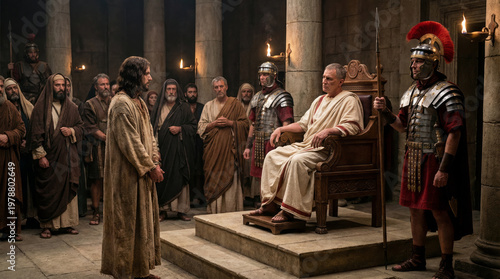Jesus stands before Pontius Pilate in a biblical scene.. Jesus before Pontius Pilate, biblical scene