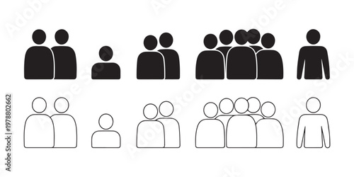 Small groups of people icons, couples, individuals, and larger gatherings, solid and outline versions.