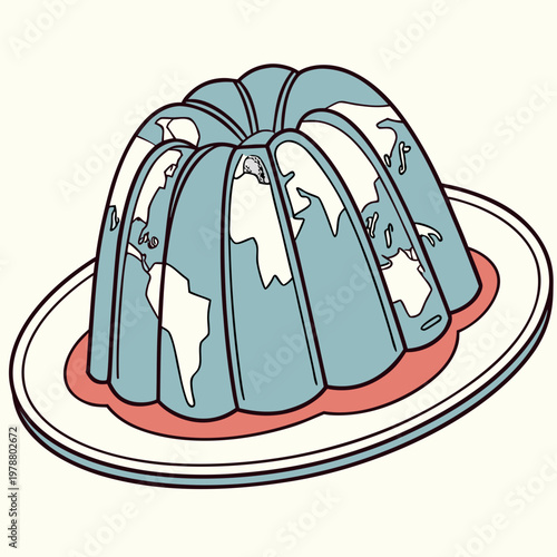 Jelly mold shaped as world map with continents on a plate with red liquid dessert illustration line art continent culinary
