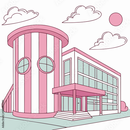 Playful pink and white modern building with striped cylindrical tower large sunny sky illustration the outdoor scene