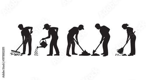 Gardening silhouettes performing various tasks like watering planting raking and sweeping outdoors