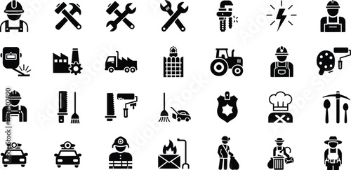 Professional occupations and industrial worker service icons with profession industry employee construction cleaning