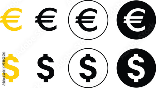 Euro and Dollar Currency Icon Set Financial Symbol Vector Collection