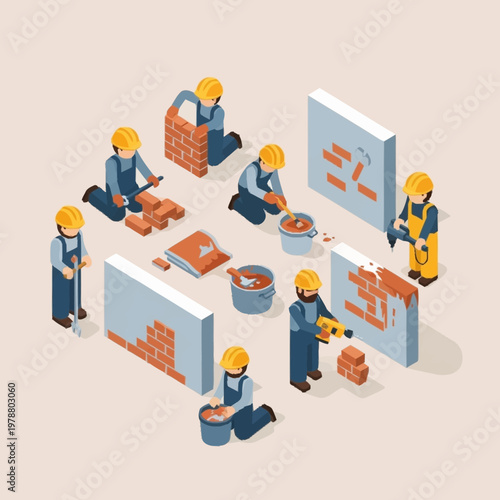 Construction workers building brick walls with tools and materials.