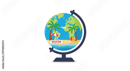 A classic desk globe displays a vibrant tropical beach scene complete with palm trees and a red umbrella instead of a traditional map of the world.