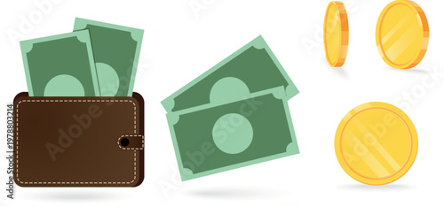 Dollar bills. Gold coin. Wallet icon. Brown wallet with green paper money. Wallet with a dollar bill. Cash, vector illustration of salary income, financial success, wealth acquisition.