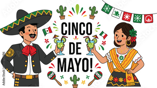Mexican couple toasts with margaritas, surrounded by flags, maracas, and cacti, celebrating Cinco de Mayo with festive cheer.