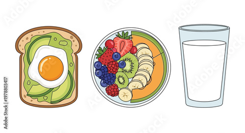 A plate of fresh fruit, a slice of avocado toast with an egg, and a glass of milk are on a table for breakfast.