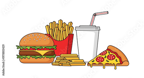 Illustration of fast food items including a burger, fries, soda, and pizza on a table indoors closeup