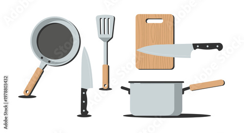 Illustration shows kitchen cooking utensils and ingredients on a table indoors