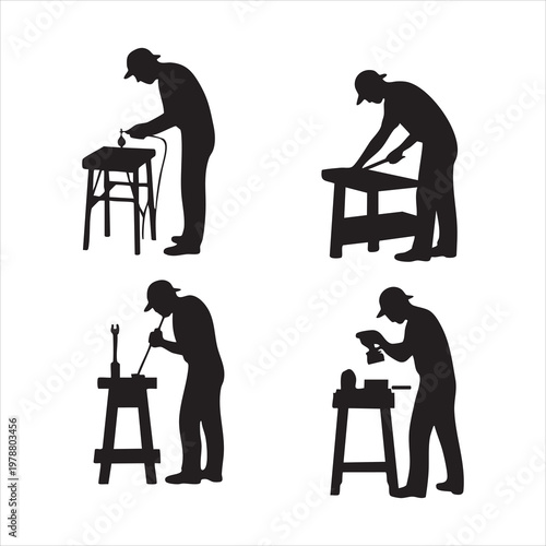 Craftsman silhouettes working with tools on workbench showing detailed process of making items