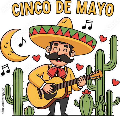 Cartoon man in sombrero plays guitar amidst cacti, a smiling moon, and hearts, celebrating Cinco de Mayo with music and joy.