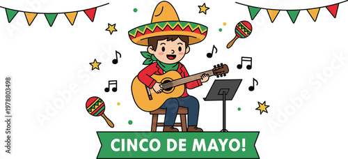 Joyful cartoon boy in sombrero plays guitar surrounded by maracas, music notes, and festive bunting for Cinco de Mayo celebration.