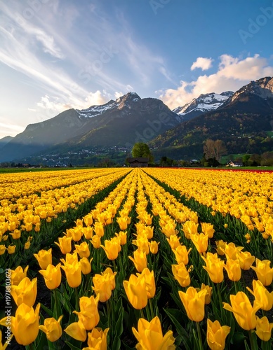 Vast field of bright yellow tulips stretches toward distant mountains under a partly cloudy sky. The flowers appear endless