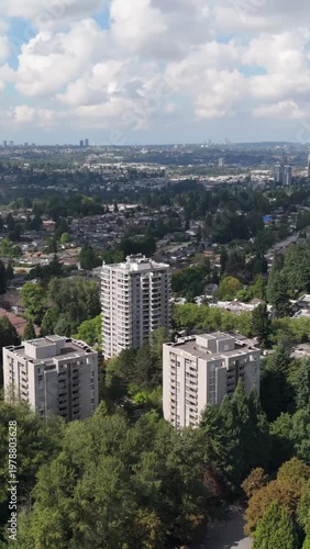 Aerial View of Burnaby Residential Buildings and Green Landscape in British Columbia, Canada on a Sunny Day