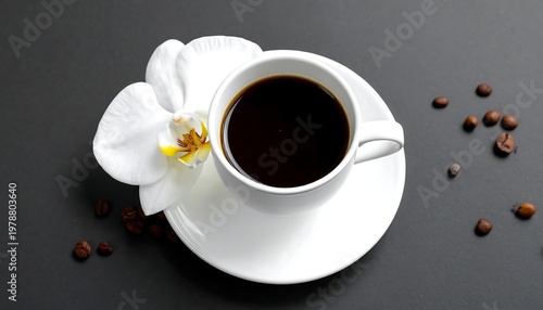 Elegant Coffee Cup with Orchid and Coffee Beans on Dark Surface.