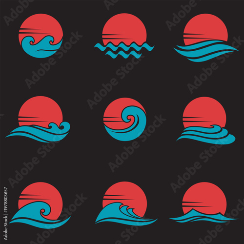 abstract collection of sea waves with sun isolated on black background