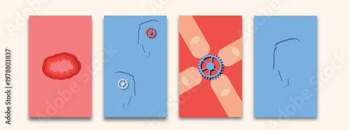 Set of abstract mental health concept cards. Brain shapes, cognitive processes and mechanisms represented as gears and systems. Minimal modern design for psychology, neuroscience, thinking process