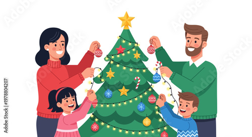 Family decorating Christmas tree together at home with ornaments