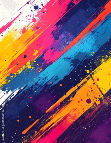 Vibrant abstract art features dynamic brushstrokes of multiple bright colors against a dark background, creating an energetic composition