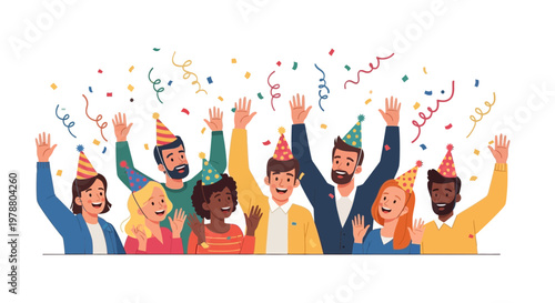 Group of young people celebrate with raised hands and party hats