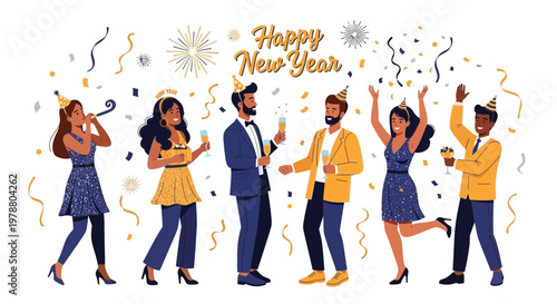 People celebrate New Year's Eve with confetti and noise makers indoors