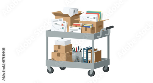 A detailed isometric illustration of a grey industrial utility cart packed with various shipping boxes and white envelopes for efficient mail sorting.