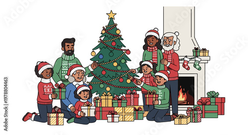 A festive family gathers around a decorated Christmas tree near a fireplace.