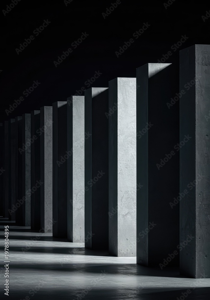 Naklejka premium A sequence of identical concrete architectural modules creating a strong linear pattern interrupted by a single empty void, unit, missing, rhythm