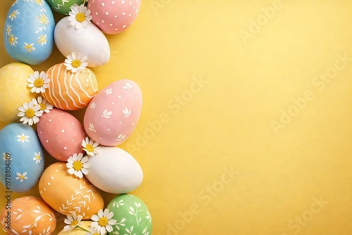 Colorful Easter eggs with flowers on yellow background