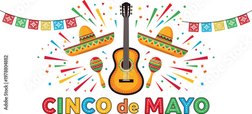 Cinco de Mayo fiesta with acoustic guitar, sombreros, maracas, confetti, and festive banners, lively Mexican celebration.